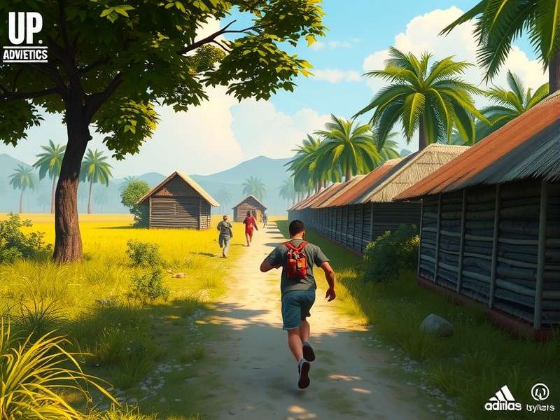 UP Athletics Adventure gameplay screenshot showing player running through rural Indian village